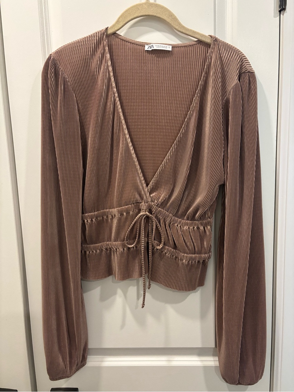 Zara Dusty Rose Ribbed Tie-Front Long Sleeve Blouse